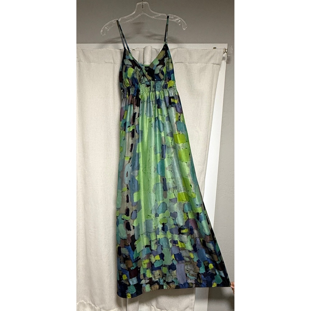 Daytrip Womens Green Blue Abstract Watercolor Satin Maxi Dress Size Medium